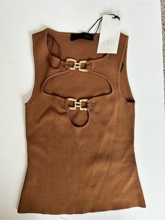 Zara Tops - ZARA Brown Sleeveless Tank Top with Gold-Tone Buckle Cutouts